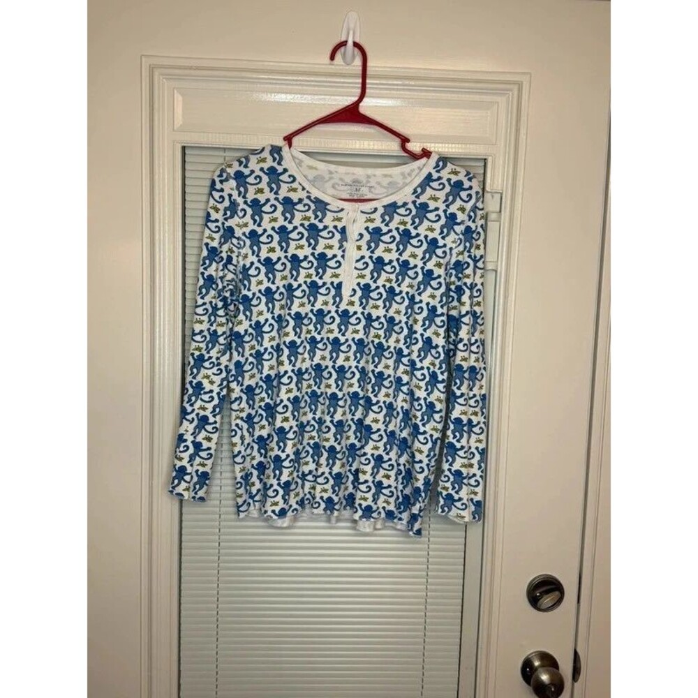Roller Rabbit Blue Monkey Print Pima Cotton Henley Top Women’s M